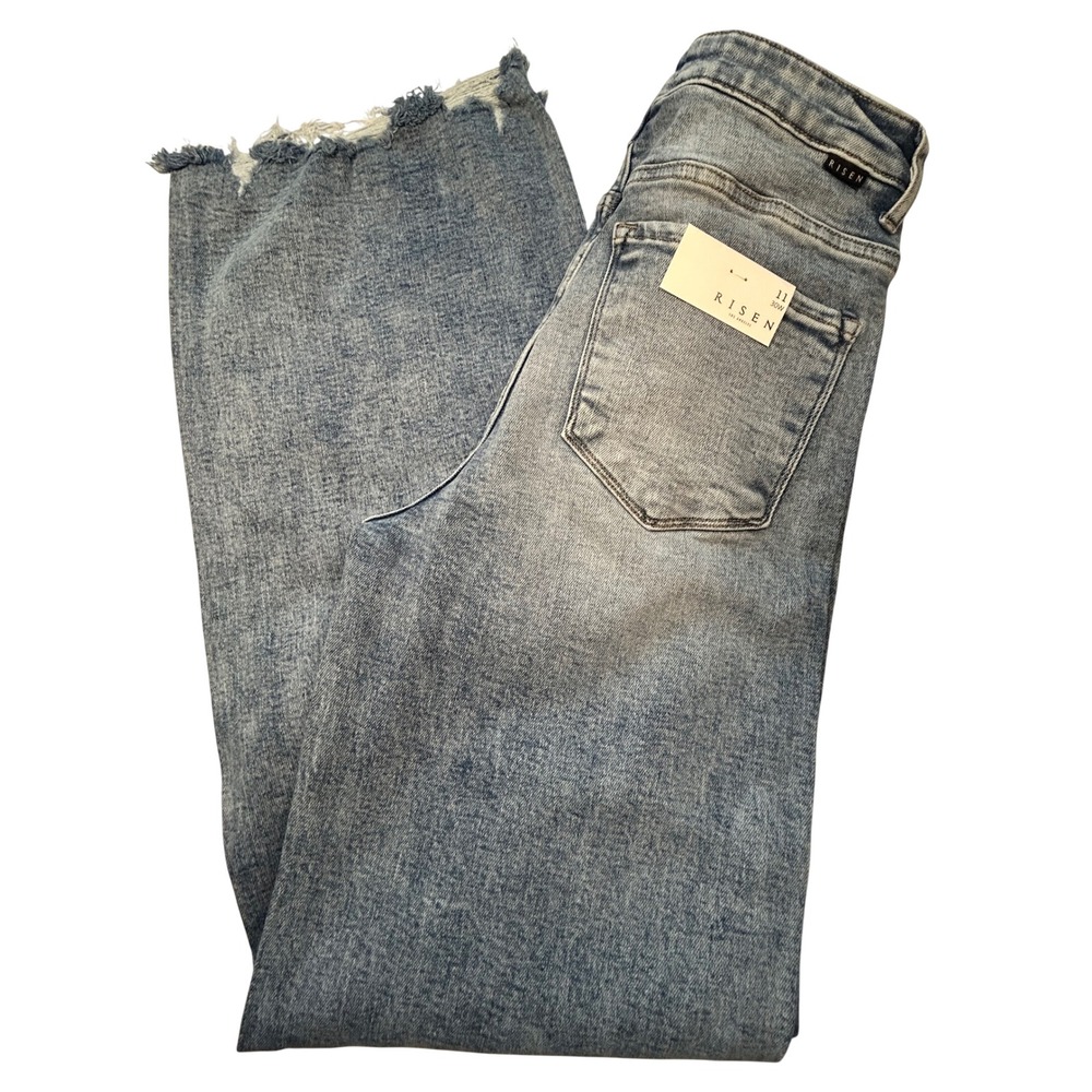 Risen Jeans Denim Pants Women 11/30 Blue Distressed Raw Hem High Rise Straight